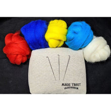 Load image into Gallery viewer, Felting Basics Kit : primary colors red, royal blue, yellow, bright blue and white wool roving with a reusable felting pad and 3 felting needles. Needle Felt Supply
