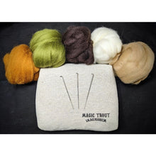 Load image into Gallery viewer, Felting Basics Kit :&quot; tofee, olive green, dark brown, white and light brown wool roving with a beige re-useable felting mat and 3 felting needles.- NeedleFeltSupply

