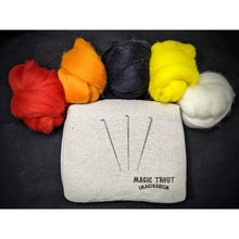 Load image into Gallery viewer, Starter Felting Kit -red, orange, black yellow and white wool with a jute felting bag and 3 needles. NeedleFeltSupply
