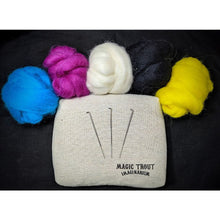 Load image into Gallery viewer, Felting Basics Kit bright blue magenta white black and yellow wool roving with a beige reusuable felting pad and 3 needles - NeedleFeltSupply

