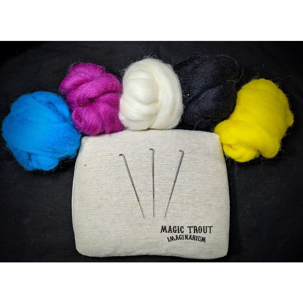 Felting Basics Kit bright blue magenta white black and yellow wool roving with a beige reusuable felting pad and 3 needles - NeedleFeltSupply