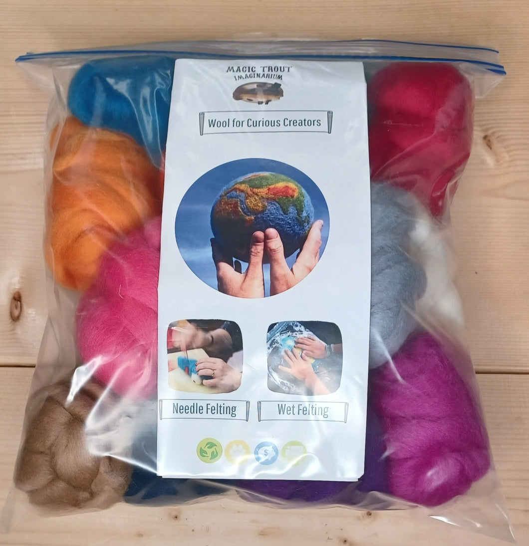 a ziplock bag with 1lb of wool roving for needle felting. Bag has approximately 15 colors of wool and a leaflet inside the package with an image of a felted wool planet held up against the sky